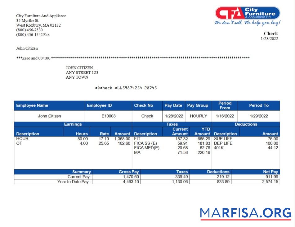Printable USA furniture & appliances employee sheet download for verification